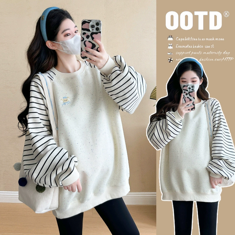 Толстовка для беременных 2024 осень-зима новая бархатная утолщенная футболка для беременных