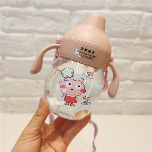 Newborn Baby Duckbill Cup Cute Cartoon Pig with Handle Learning Drinking Cup Baby Plastic Strap Water Bottle