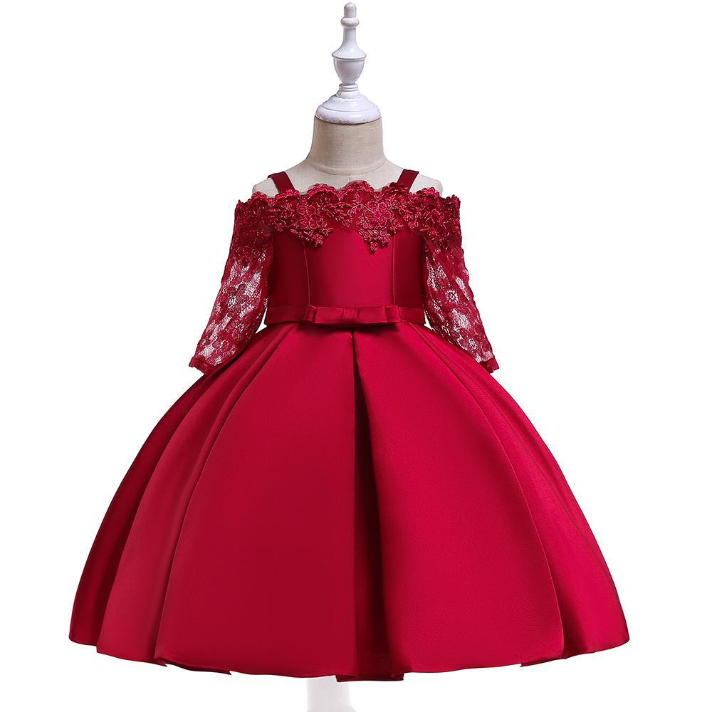 Nueva ropa infantil: vestido de princesa para niñas con tirantes descubiertos, vestido de manga larga con encaje calado, vestido bordado de satén.