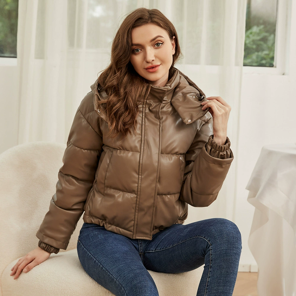 Пальто из кожи haute couture на осень и зиму, универсальное, короткое тёплое, хлопковая подкладка, с капюшоном, кожзам PU