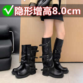 增高8cm~葡萄妈款皮带扣方圆头褶皱中筒骑士西部褶皱堆堆裤管女靴