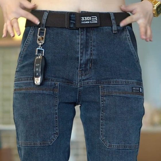 Spring and Summer Thin Six-pocket Jeans Men's Elastic Straight Men's Trousers Multi-pocket All-match Casual Leg Jeans