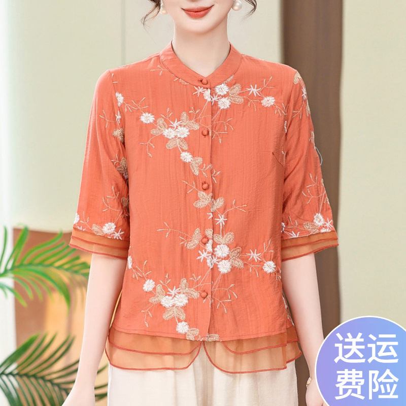 夏季新款刺绣国风丝麻衬衫女宽松复古文艺纯色女装气质母亲节礼物