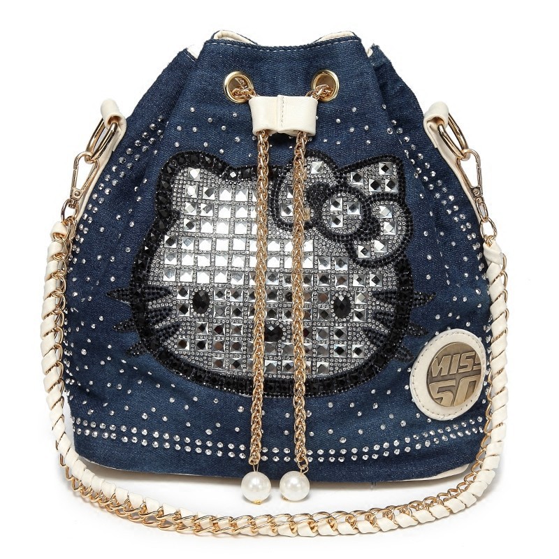 Bags for Women 2024 New Women's Bags Fashion Bucket Bag Shoulder Crossbody Braided Rhinestone Chain Bag Kt Cat Denim Bag