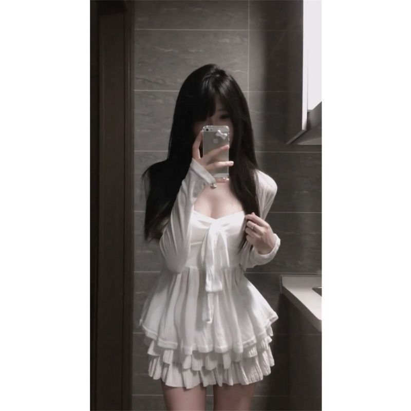 法式纯欲风修身长袖防晒开衫吊带上衣高腰半身裙夏季新款三件套女|undefined