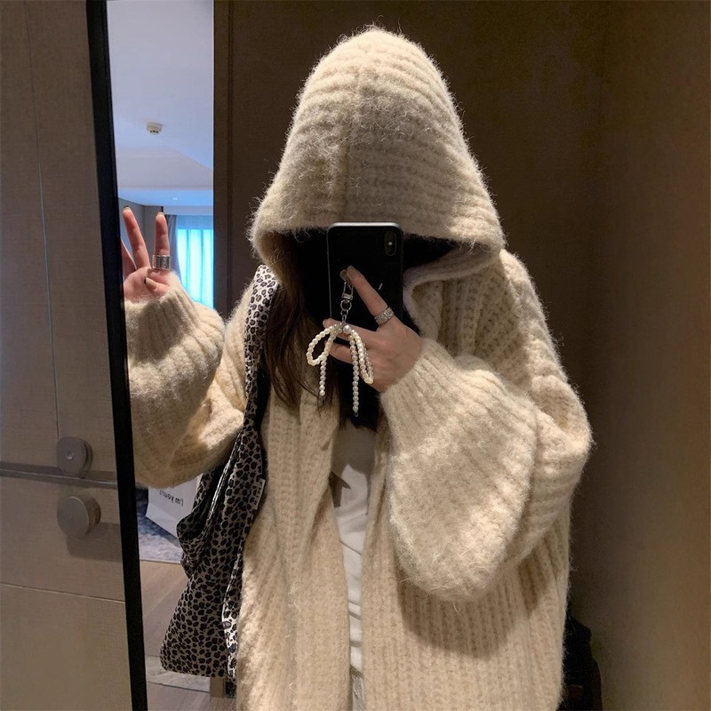 2025韩系秋冬季慵懒风中长款针织开衫软糯宽松连帽毛衣外套女上衣|undefined