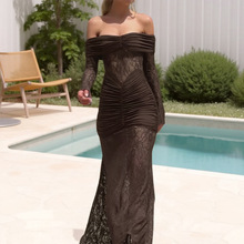 YL25316一字肩蕾丝拼接长袖连衣裙跨境 2025秋季新款欧美风包臀裙