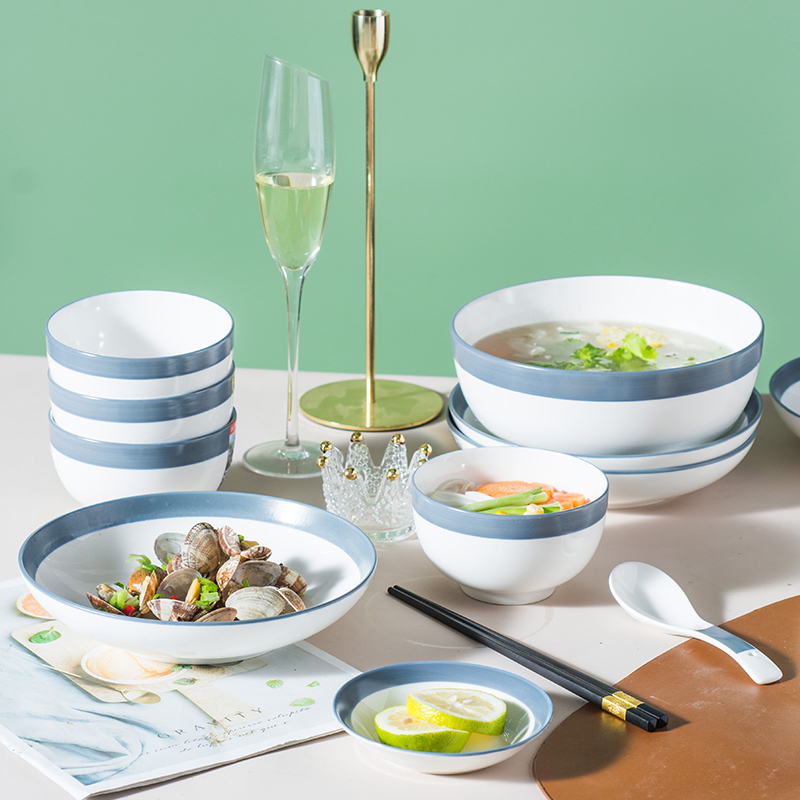 Ceramic Bowl and Dish Set for Home Use, Light Luxury Japanese-Style Simple Bowls and Plates, Housewarming Tableware, Underglaze Color Combination Rice Bowl
