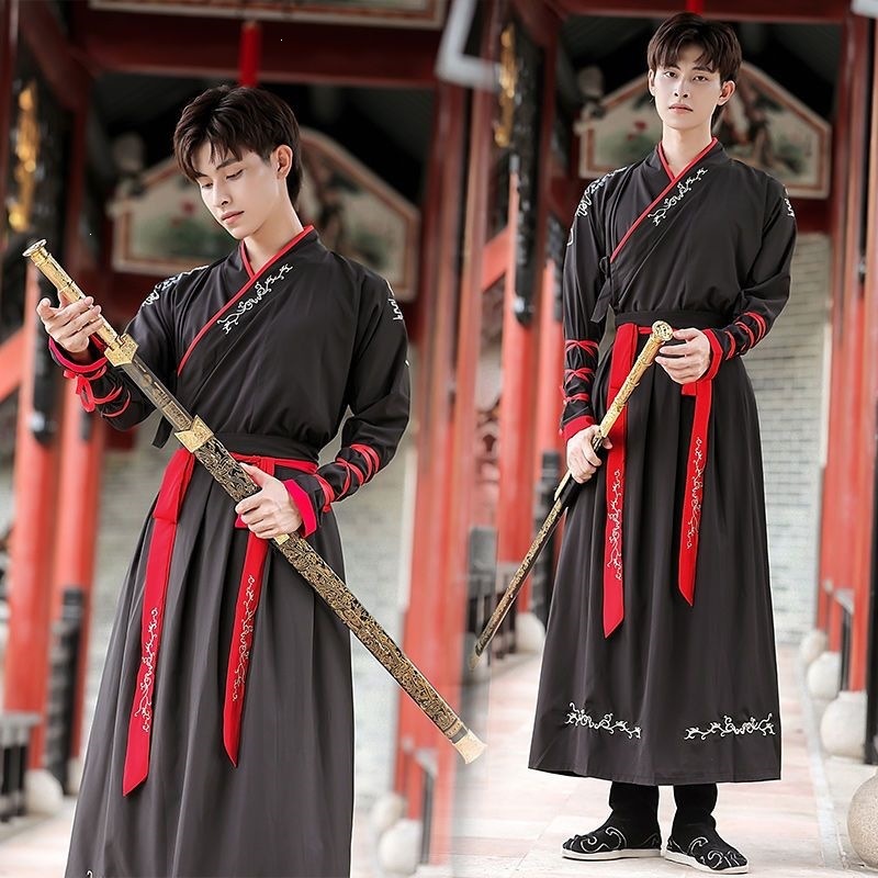 Warm Maple Leaf Men's Hanfu Student Martial Arts Style Class Uniform, Handsome Ancient Costume Men's Ancient Style Fairy Black