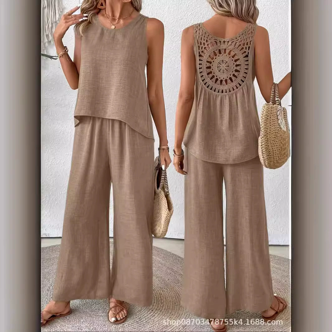 Amazon Европейская и Американская трансграничная женская одежда простой темперамент набор из двух частей без рукавов жилет повседневные брюки