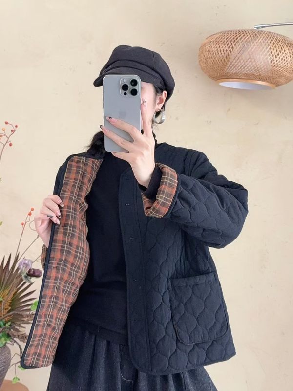 2025 秋冬新款圆领文艺通勤压格休闲棉服 宽松日系百搭拼色外套|undefined