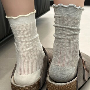 Korean Style Ins Fashionable Solid Color Hollow Mesh Mid-Size Socks Spring and Summer Japanese Style Thin Simple Girl's Lace Pile Socks