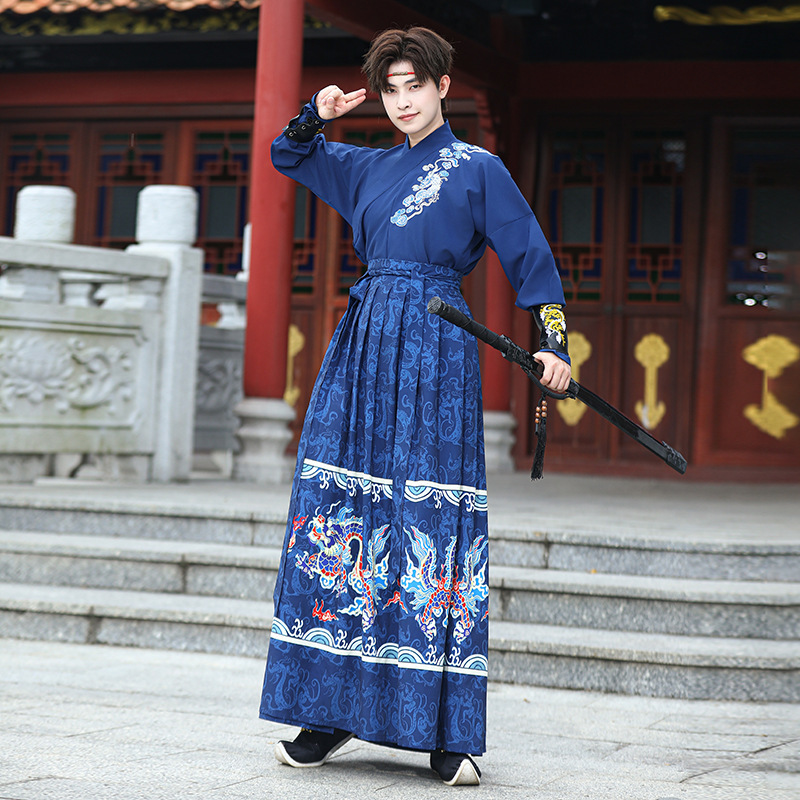 Ming-Style Ancient Royal Blue Embroidered Hanfu Dragon Pattern Chinese Style Men's Traditional Ethnic Han Element Class Uniform