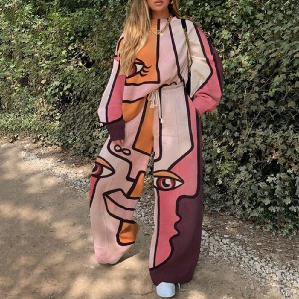 Conjunto de Sudadera Informal con Cuello Redondo y Estampado Holgado para Mujer, Estilo Europeo y Americano, Novedad de Comercio Exterior Transfronterizo para Otoño 2025