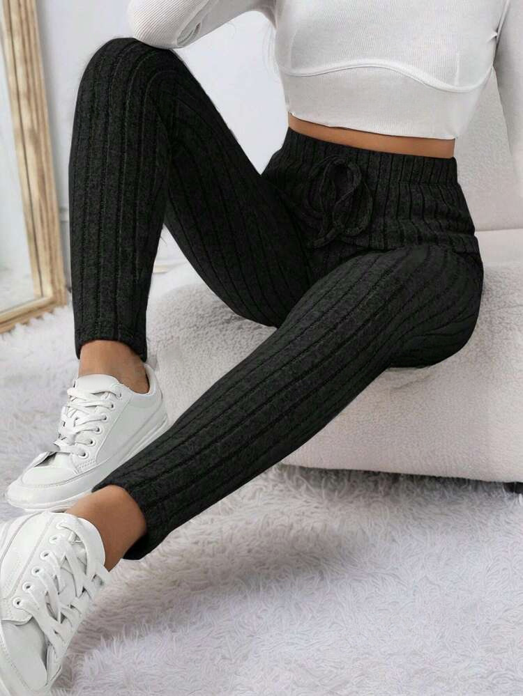 Women's Clothing autumn and winter style solid color plus velvet drawstring tight warm high waist outer wear leggings_voghion.com