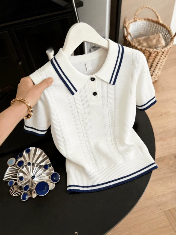Áo thun nữ cổ polo phối màu tay ngắn phong cách Hàn Quốc — trắng