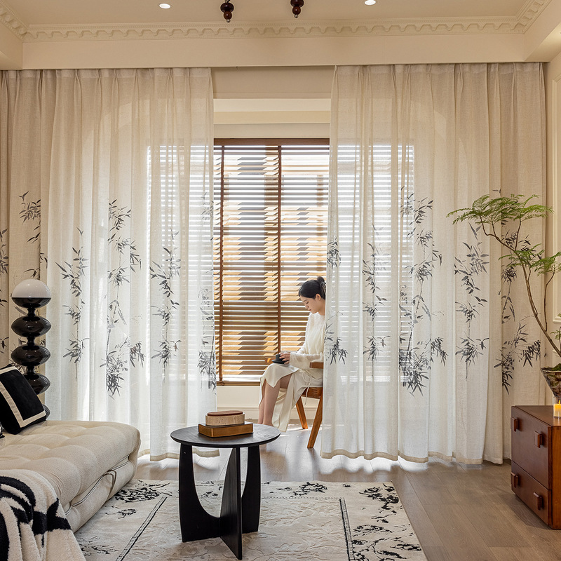 Chinese Style Ancient Style Gauze Curtain New Style Homestay Study Tea Room Zen Ink Bamboo Semi-Shaded Linen Window Screen