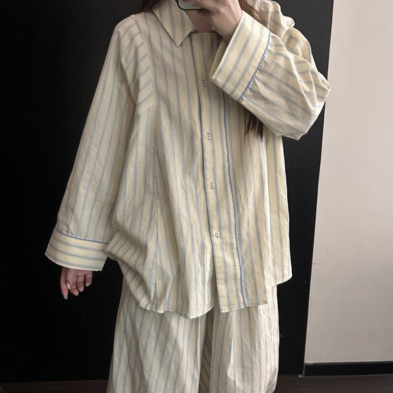 Designed Simple Casual Striped Pajamas for Women Spring and Autumn New Style Lazy Style Long-Sleeved Trousers Home Clothes Can Be Worn Outside