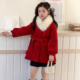 儿童新年喜庆拜年服女童冬季加厚呢大衣2026新款女孩大童红色外套