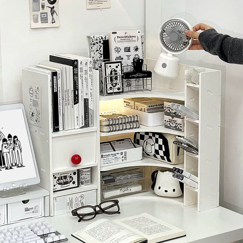 Corner Desk Organizer, 3-Tier Desktop Storage for Student Dormitory, White/Red Options