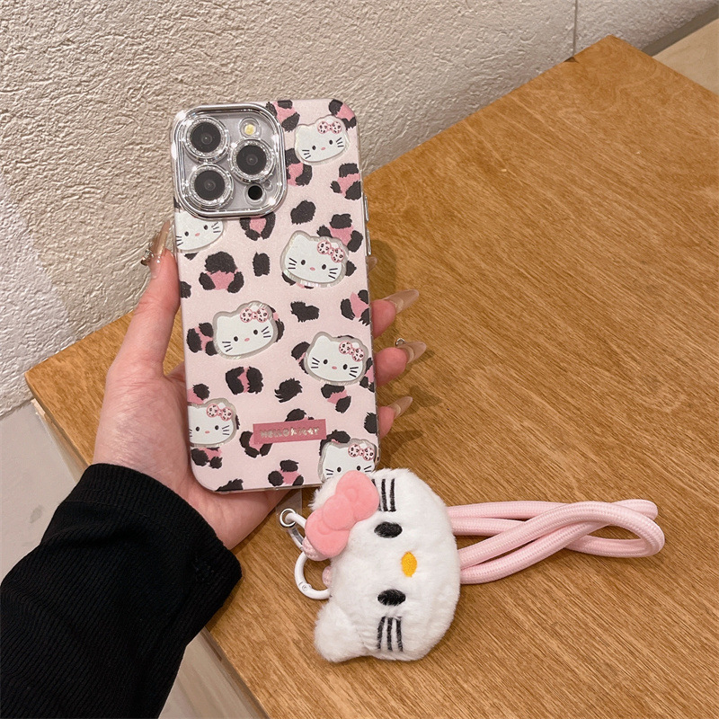 Chica con estampado de leopardo rosa kt para iphone16ProMax cordón 14 Apple 15P funda para teléfono móvil 13 pareja