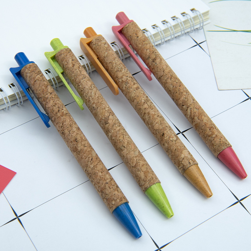 Hot-Selling New Eco-Friendly Wheat Straw Cork Pen, Creative Wood Grain Pen, Retractable Cultural and Creative Gift Ballpoint Pen, Can Be Printed with Logo