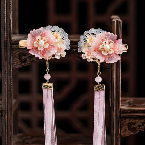 Children's Hanfu headwear pink ribbon hairpin ancient style hair accessories clip tassel step rocking accessories 18.9GF209