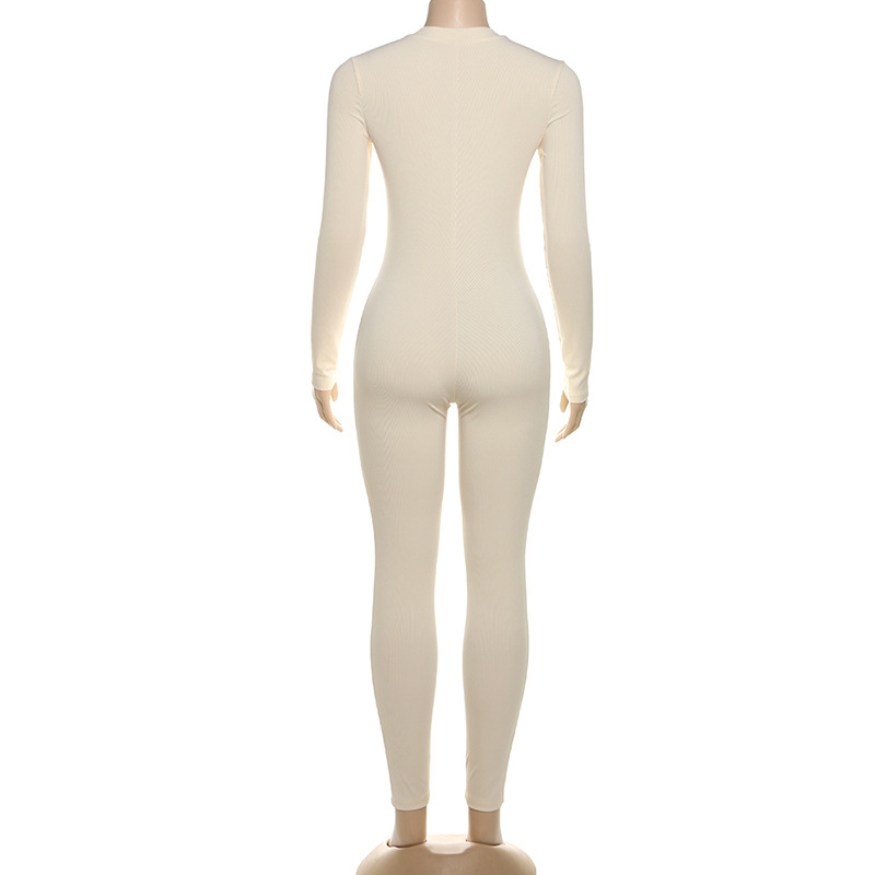 Winter Women Clothing Casual Solid Color Rib Fabric Long Sleeve round Neck Button Slim Fit One Piece Trousers