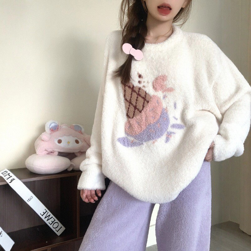 2025 New Autumn and Winter Thickeneded Warm Half-Velvet Pajamas for Women Cartoon Coral Velvet Can Be Worn Outside Home Clothes Set