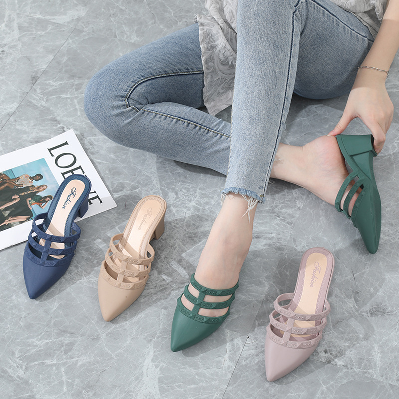 新款秋夏懒人百搭休闲粗高跟凉拖女尖防滑外穿时尚包头半拖