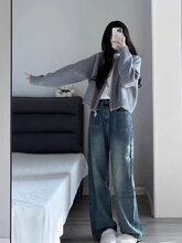 春夏新款时尚两件套女灰色短款毛衣外套开衫休闲牛仔阔腿裤气质潮