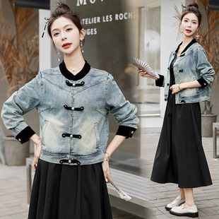 Vintage National Style Denim Jacket Thin Coat Women's Spring and Autumn plus size chubby girl Slimming Design Sense New Chinese Button Top