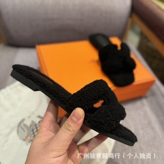 高质量秋季外穿羊羔毛拖鞋女2025新款H型绒面一字拖冬室内外百搭