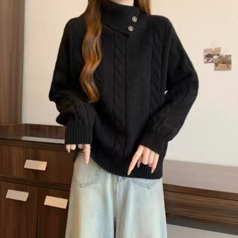 Suéter de torsión de hombro de cuello alto de alta calidad para mujeres 2025 otoño gran grasa mm con solapa irregular camisa de punto superior