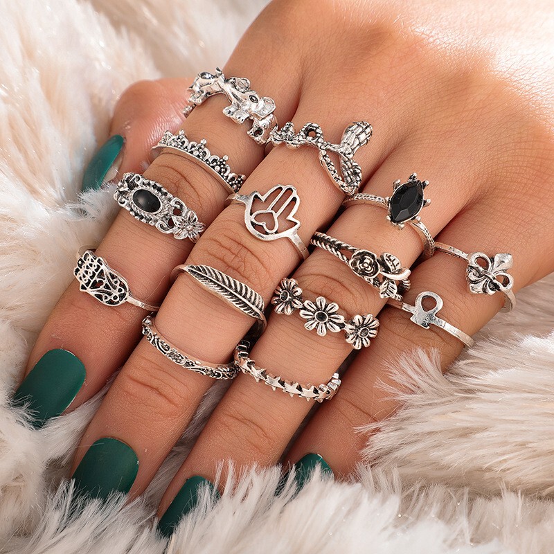 Cross-border new fashion European and American style elephant flower leaves Stars Palm alloy 14-piece ring manufacturers