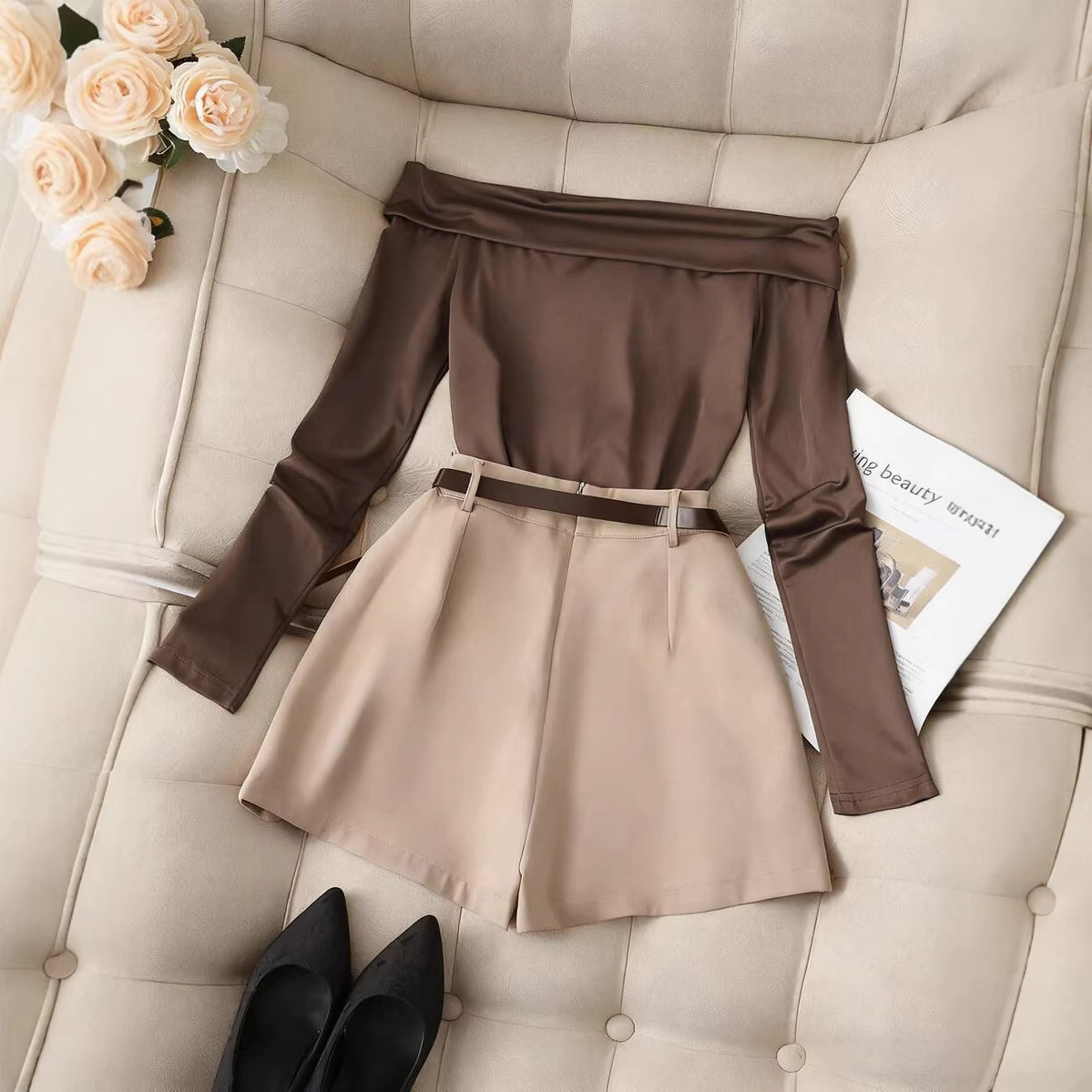 Women's Off-Shoulder Long Sleeve T-Shirt Shorts Skirt Set_ecoleips.com