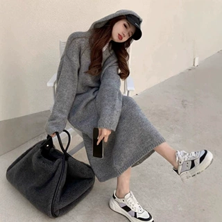 2026秋冬新款羊毛连衣裙女加厚过膝打底毛衣裙宽松慵懒羊毛跨境