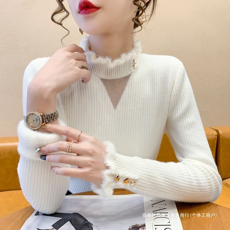 洋气一体绒毛衣女秋冬新款内搭修身蕾丝针织衫加绒加厚打底衫女