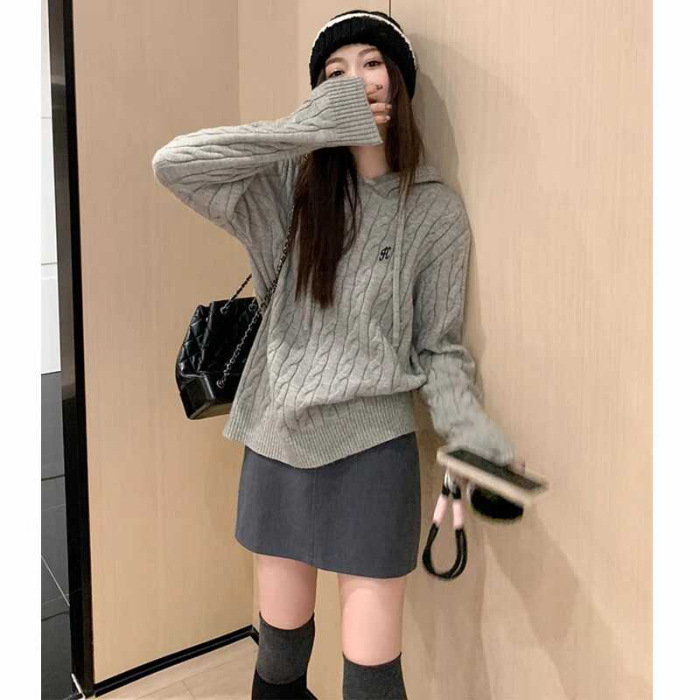 麻花套头连帽针织衫毛衣女灰色时尚宽松慵懒风小香风外套刺绣上衣|undefined