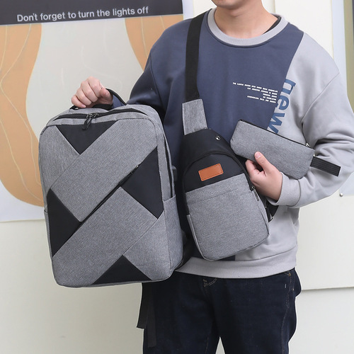 Cross-border special dual-shoulder bag three-piece set  new large-capacity backpack USB charging business laptop bag casual book