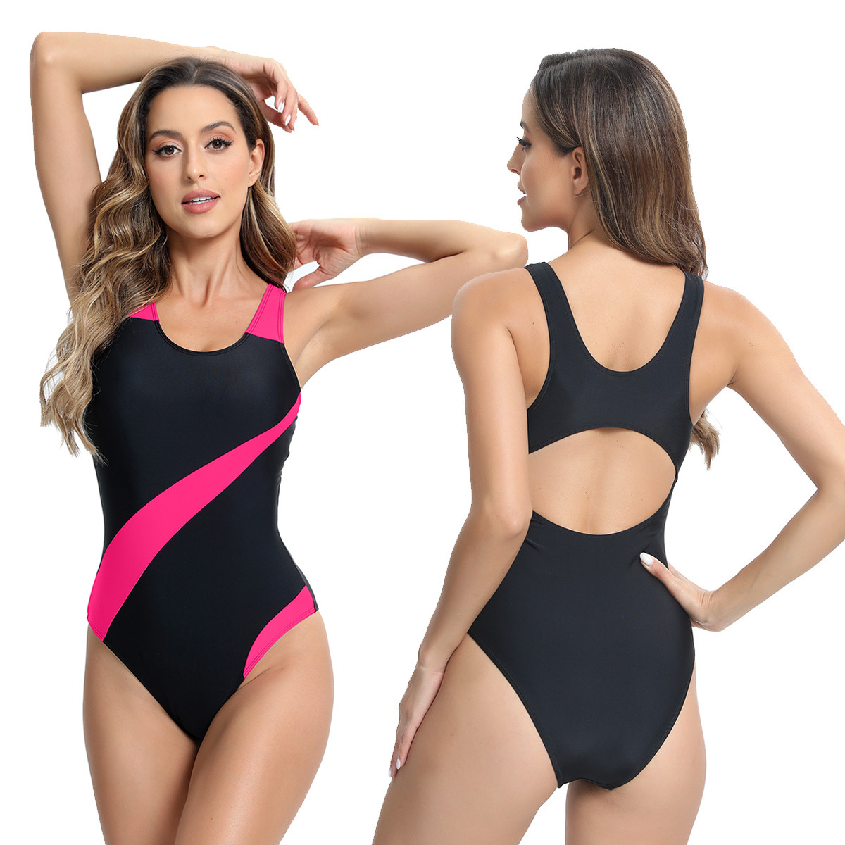 Factory direct 2024 European and American sports one-piece triangle swimsuit ladies conservative contrast color swimsuit vest