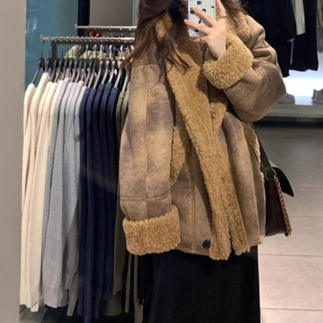 Autumn and Winter New Thickeneded Lazy Loose Large Lapel Motorcycle Jacket Brown Smudged Fur One-Piece Lamb Wool Jacket for Women