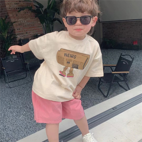 Children's short-sleeved T-shirt 2024 trendy brand children's clothing baby Japanese style children's tops children's high street boys' T pink shorts