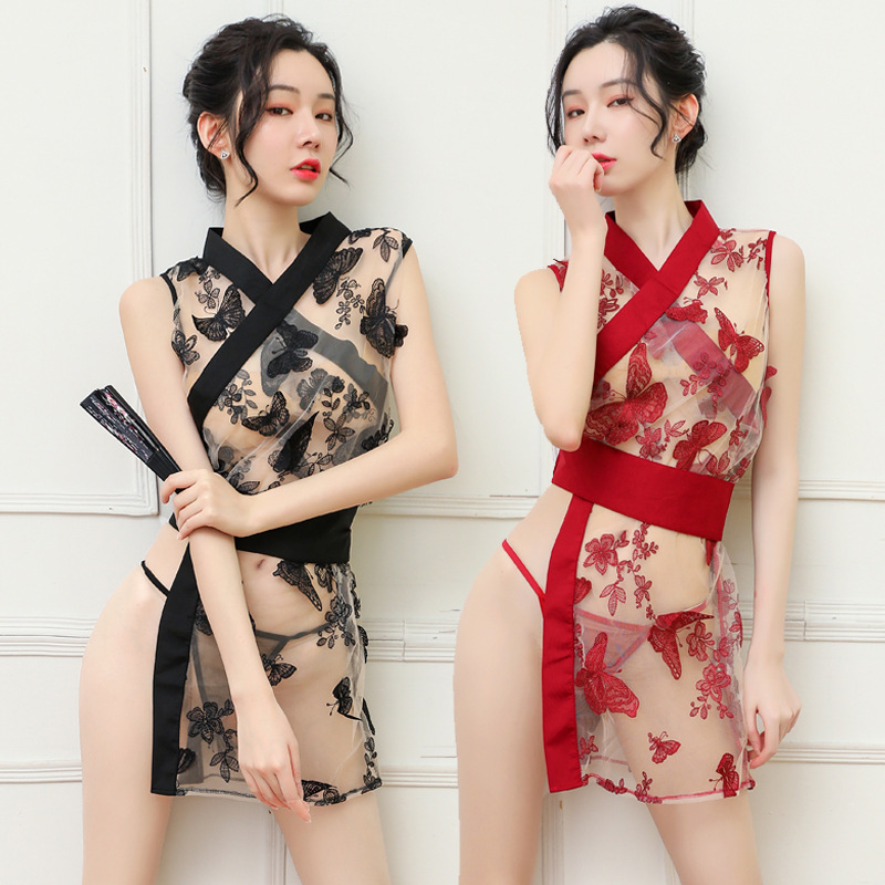 Sexy Lencería cintura sello hendidura Jade mariposa amor flor kimono japonés cheongsam ver-a través de lencería sexy hermosa malla bordada