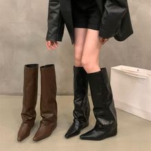 尖头坡跟辣妹风裤管堆堆长筒靴女鞋2024新款秋冬季复古中筒长靴子