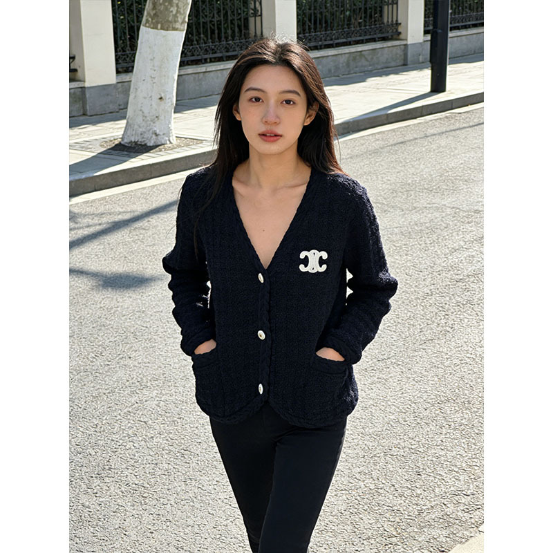 Cross-Border Spring and Autumn Letter Embroidery Pocket V-Neck Knitted Cardigan Top New Style Lazy Style Loose Sweater Jacket for Women