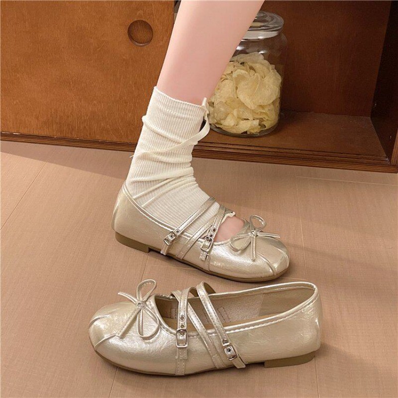 Retro zapatos mary-zhen plateados cuadrados arco zapatos para mujeres 2026 primavera y verano nuevos zapatos de ballet de cuero suave para mujeres