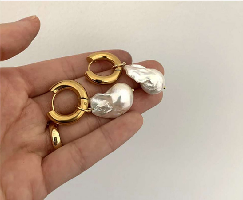 29g Weight 304 Stainless Steel Ear Needle Material 1 Pair Retro Geometric Inlay 304 Stainless Steel Baroque Pearl Drop Earrings