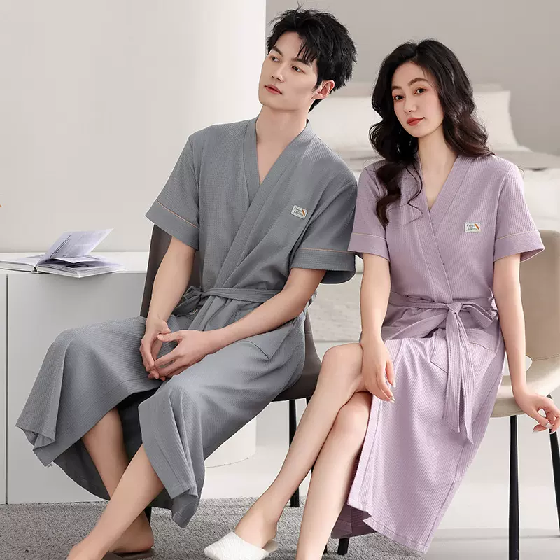 华夫格睡袍女夏季纯棉薄款高级感女式长袍2025夏新款男士睡袍