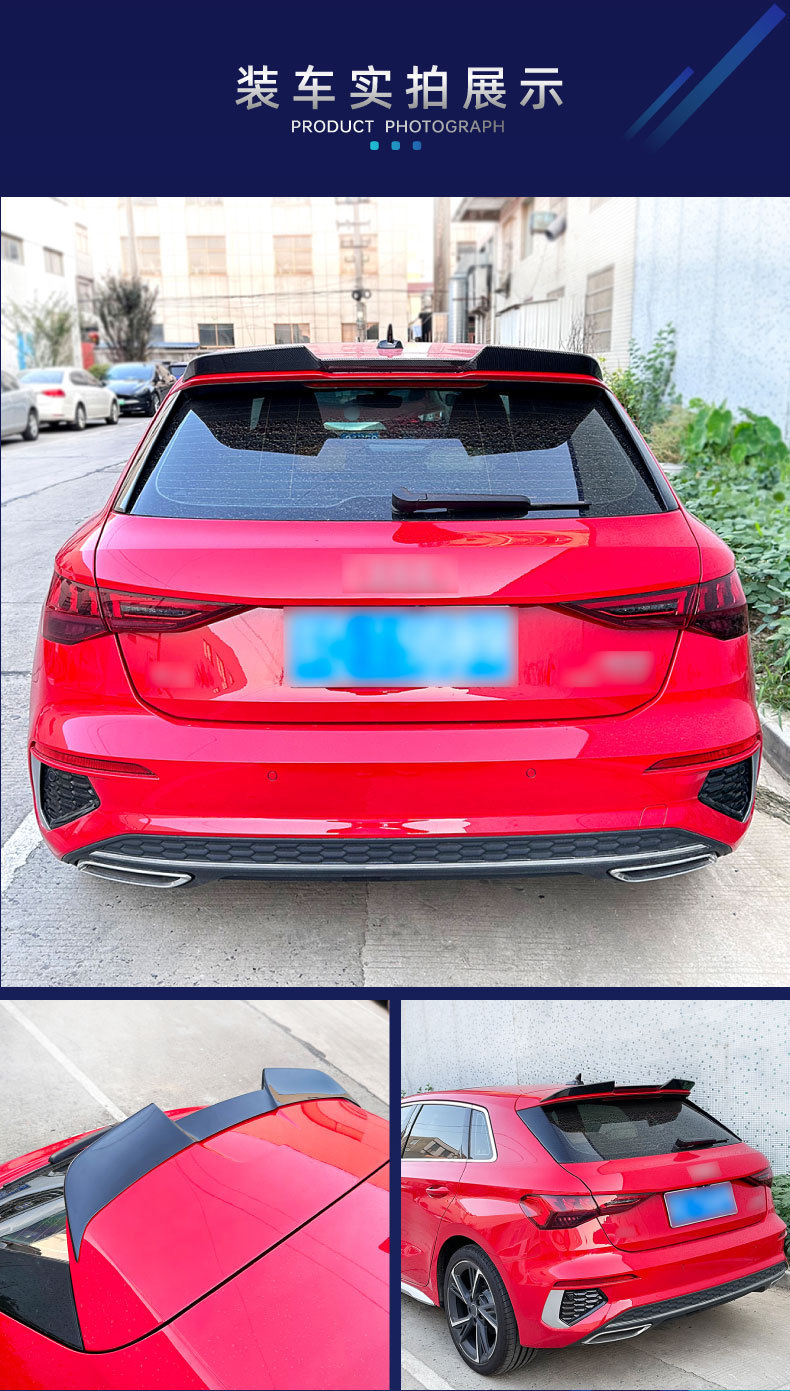 Applicable to Audi A3 8Y 2020+ hatchback models; specialized blade-style roof spoiler, rear spoiler, and wind deflector for cross-border modification